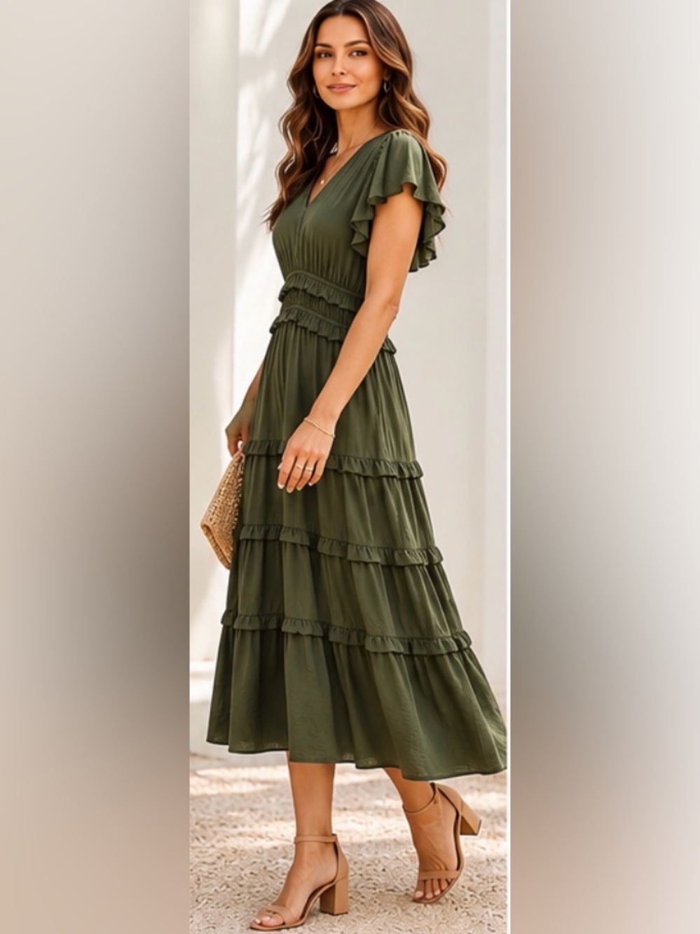 PINCH Olive Green Tiered Ruffle Midi Dress M Flutter Sleeve Boho NWOT